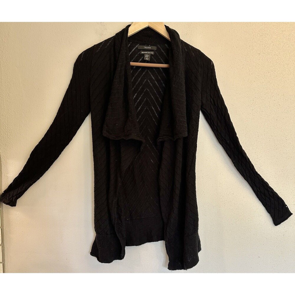 Tahari Extra Fine Merino Wool blend Black Weave open‎ front cardigan sweater XS